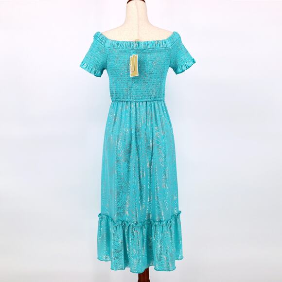 Michael Kors Women Turquoise Foil Off The Shoulder Smocked Midi Dress Size L - Picture 4 of 4